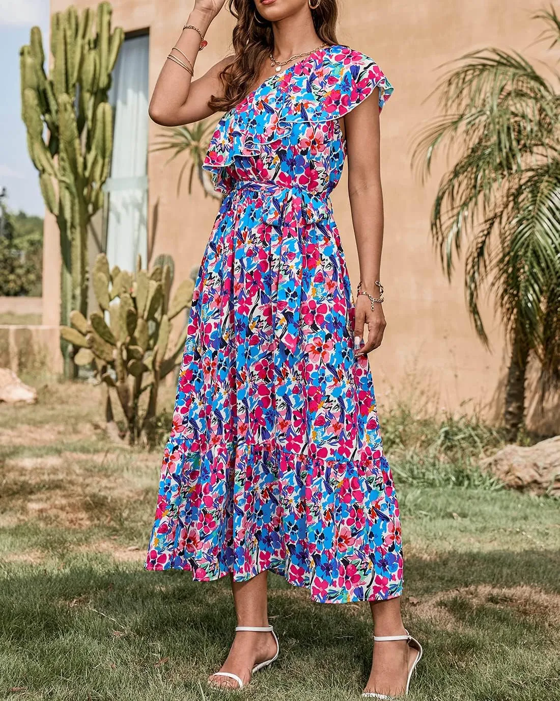 BTFBM Women's One Shoulder Maxi Dress Sleeveless Casual Summer Layered Ruffle Boho Floral Print Party Beach A-Line Dresses