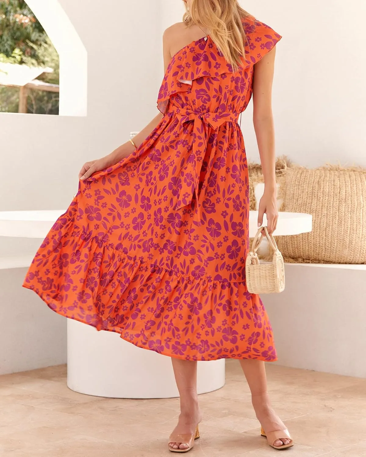 BTFBM Women's One Shoulder Maxi Dress Sleeveless Casual Summer Layered Ruffle Boho Floral Print Party Beach A-Line Dresses