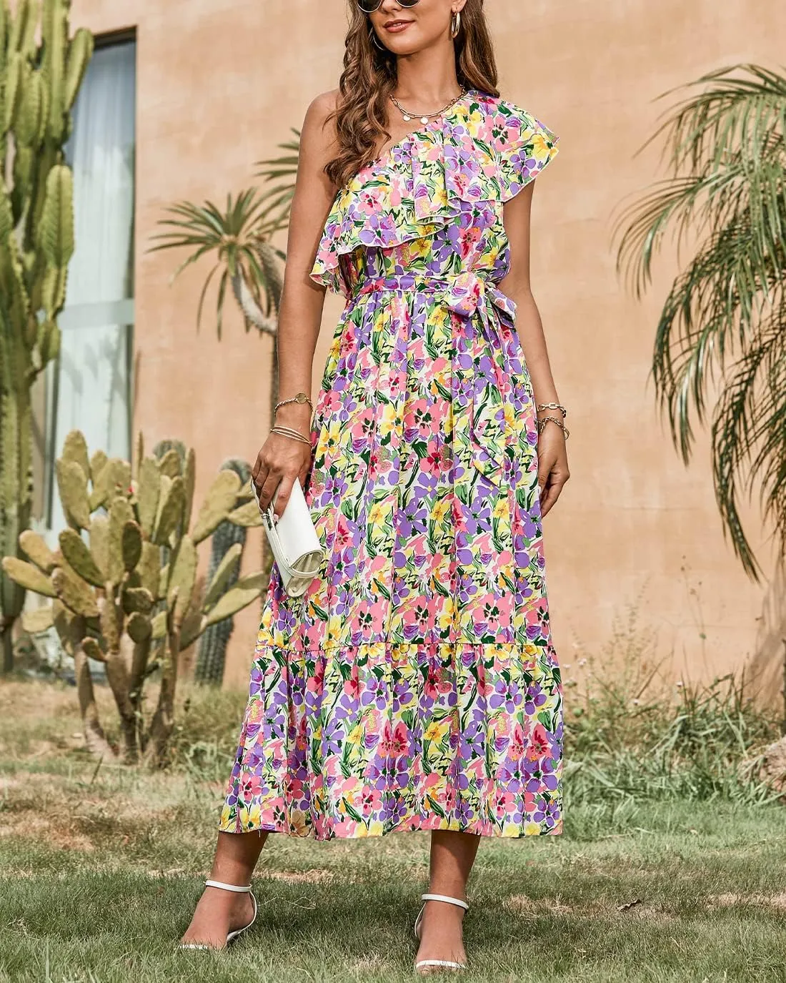 BTFBM Women's One Shoulder Maxi Dress Sleeveless Casual Summer Layered Ruffle Boho Floral Print Party Beach A-Line Dresses