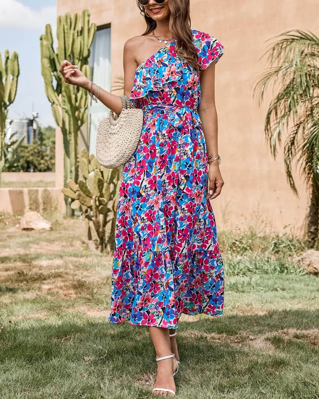 BTFBM Women's One Shoulder Maxi Dress Sleeveless Casual Summer Layered Ruffle Boho Floral Print Party Beach A-Line Dresses