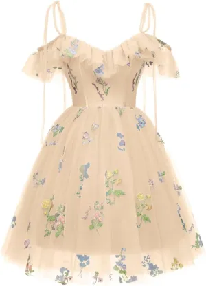 Cadoly Tulle Homecoming Dresses 2024 Flower Embroidery Spaghetti Strap Mini Daisy Floral Short Prom Dresses for Teens