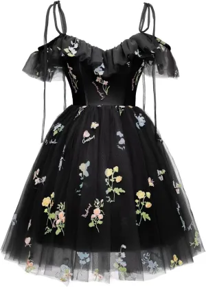 Cadoly Tulle Homecoming Dresses 2024 Flower Embroidery Spaghetti Strap Mini Daisy Floral Short Prom Dresses for Teens