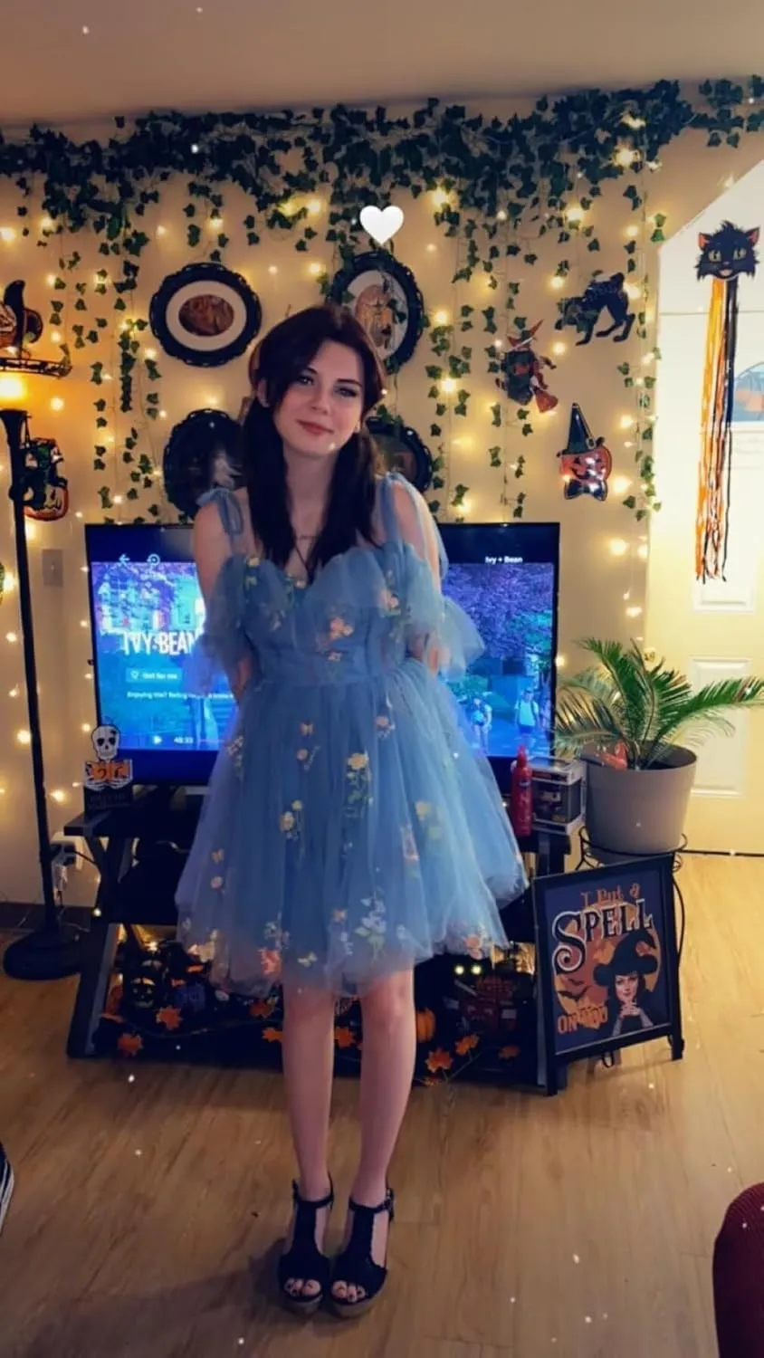 Cadoly Tulle Homecoming Dresses 2024 Flower Embroidery Spaghetti Strap Mini Daisy Floral Short Prom Dresses for Teens
