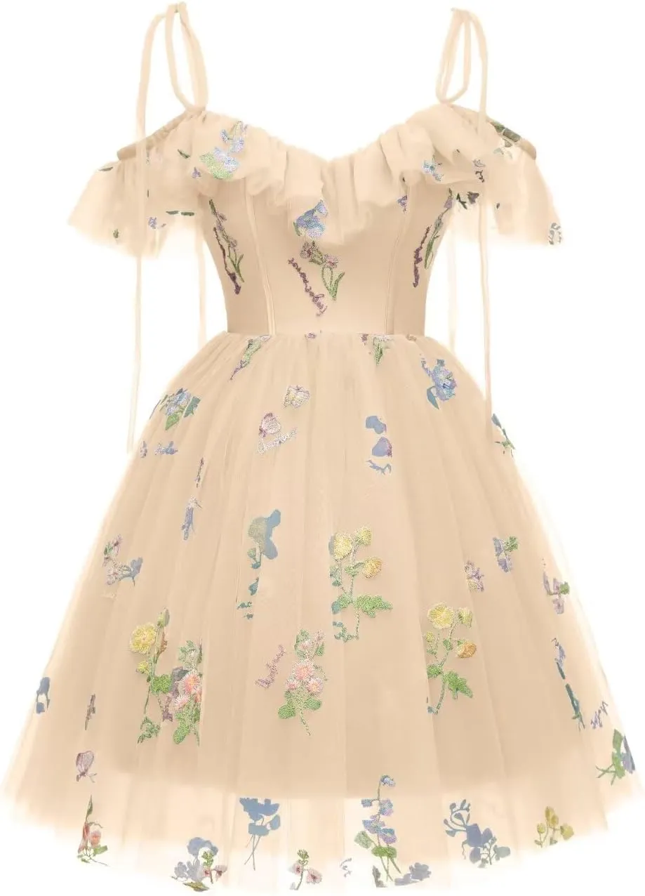 Cadoly Tulle Homecoming Dresses 2024 Flower Embroidery Spaghetti Strap Mini Daisy Floral Short Prom Dresses for Teens