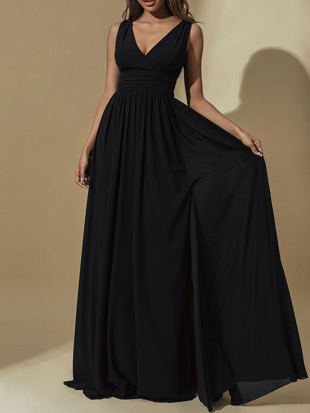CASDRE Women's V Neck Sleeveless Maxi Dress Long Split Prom Gowns High Waist A-line Evening Party Dresses