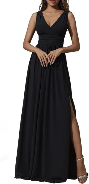 CASDRE Women's V Neck Sleeveless Maxi Dress Long Split Prom Gowns High Waist A-line Evening Party Dresses