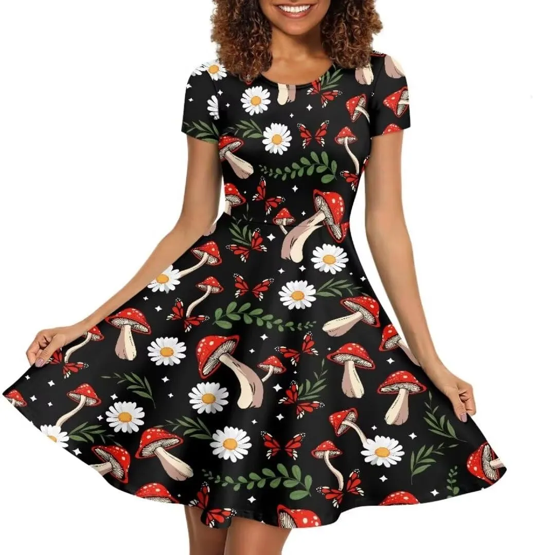 Casual Midi Dresses for Women Short Sleeve Summer Hawaiian Flowy Swing Knee Length Dress