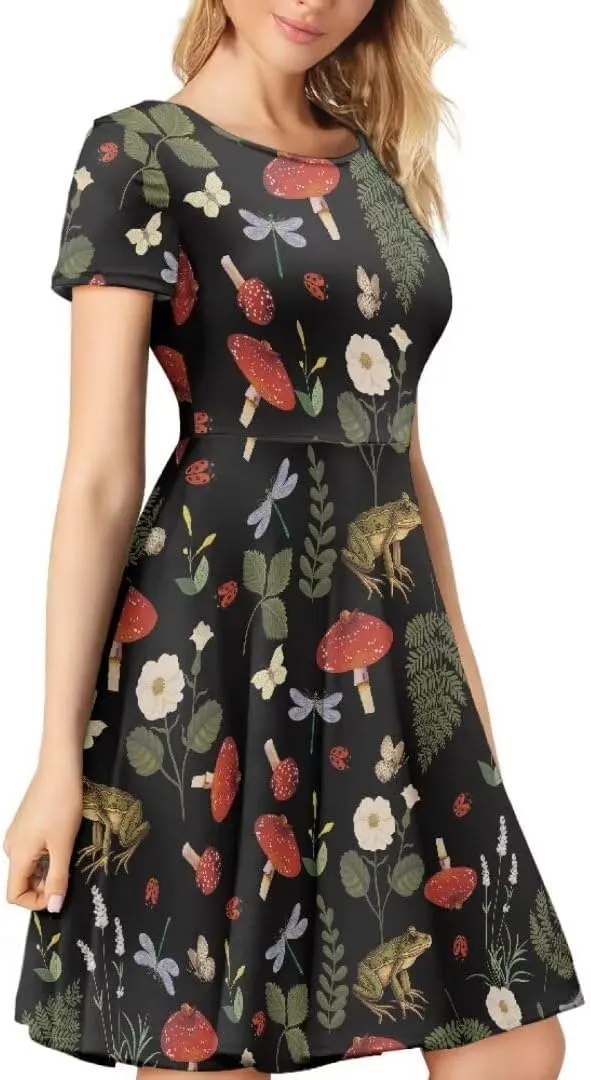 Casual Midi Dresses for Women Short Sleeve Summer Hawaiian Flowy Swing Knee Length Dress