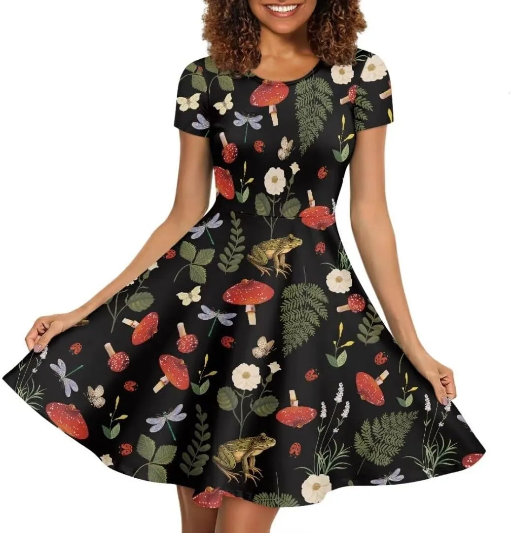 Casual Midi Dresses for Women Short Sleeve Summer Hawaiian Flowy Swing Knee Length Dress
