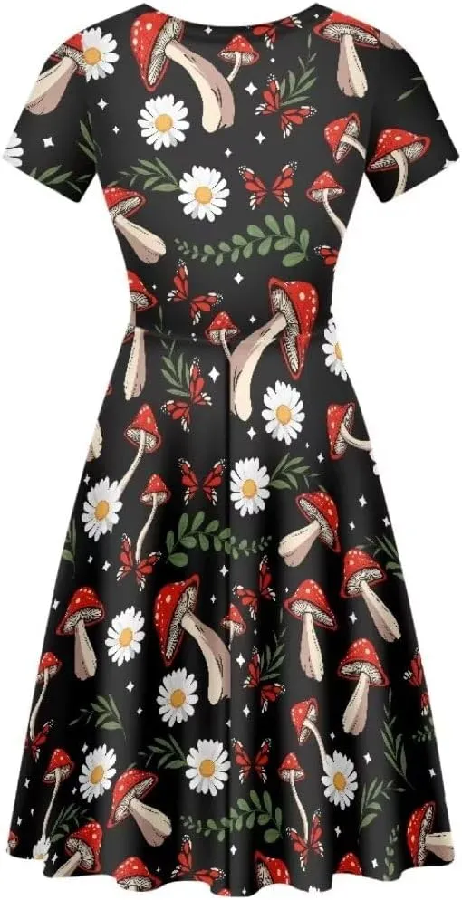 Casual Midi Dresses for Women Short Sleeve Summer Hawaiian Flowy Swing Knee Length Dress