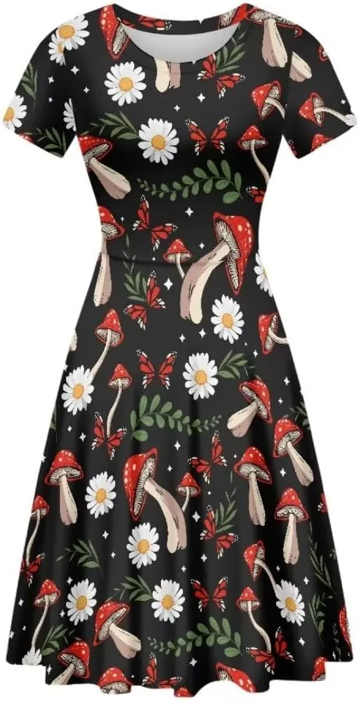 Casual Midi Dresses for Women Short Sleeve Summer Hawaiian Flowy Swing Knee Length Dress
