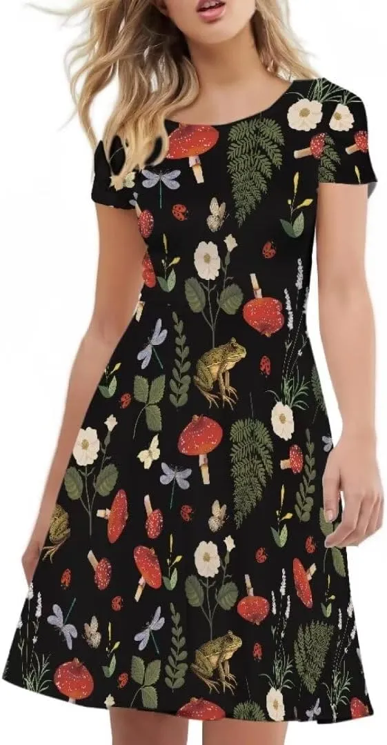 Casual Midi Dresses for Women Short Sleeve Summer Hawaiian Flowy Swing Knee Length Dress