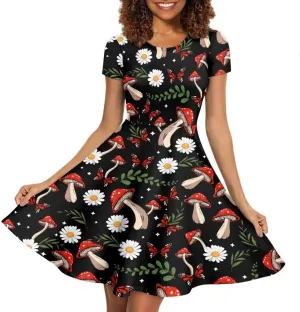 Casual Midi Dresses for Women Short Sleeve Summer Hawaiian Flowy Swing Knee Length Dress