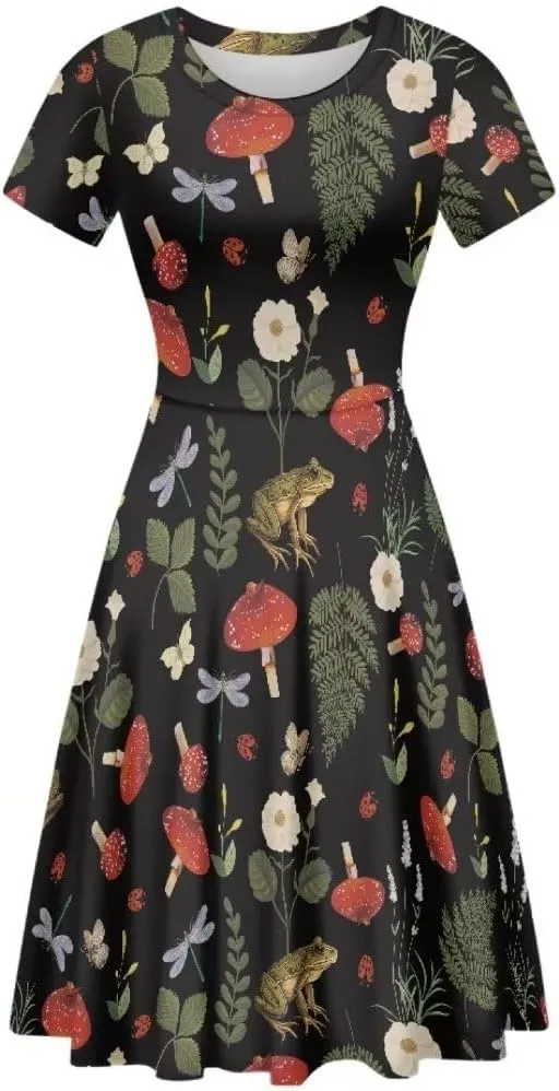 Casual Midi Dresses for Women Short Sleeve Summer Hawaiian Flowy Swing Knee Length Dress