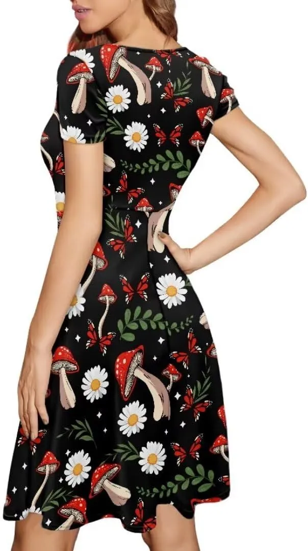 Casual Midi Dresses for Women Short Sleeve Summer Hawaiian Flowy Swing Knee Length Dress