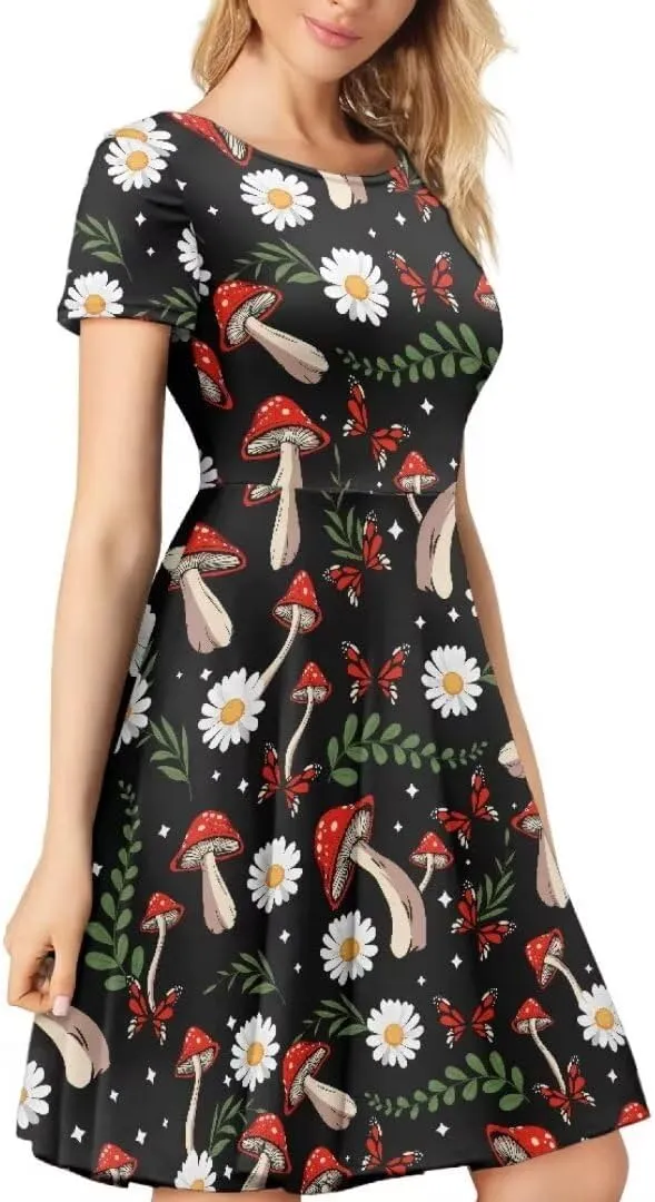 Casual Midi Dresses for Women Short Sleeve Summer Hawaiian Flowy Swing Knee Length Dress