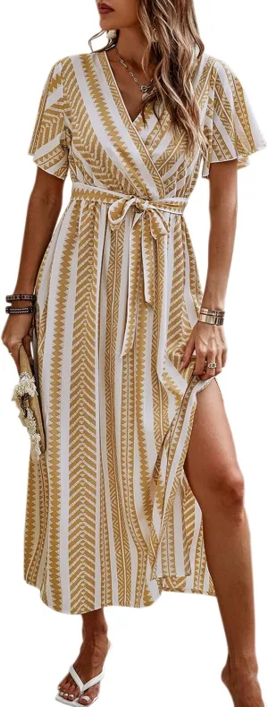 CCTOO Women's Summer Maxi Dress Casual Boho Floral Wrap V Neck Short Sleeve Ruffle Split Flowy Long Beach Dresses with Belt