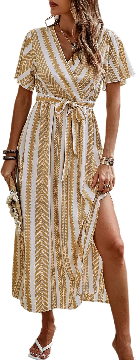 CCTOO Women's Summer Maxi Dress Casual Boho Floral Wrap V Neck Short Sleeve Ruffle Split Flowy Long Beach Dresses with Belt