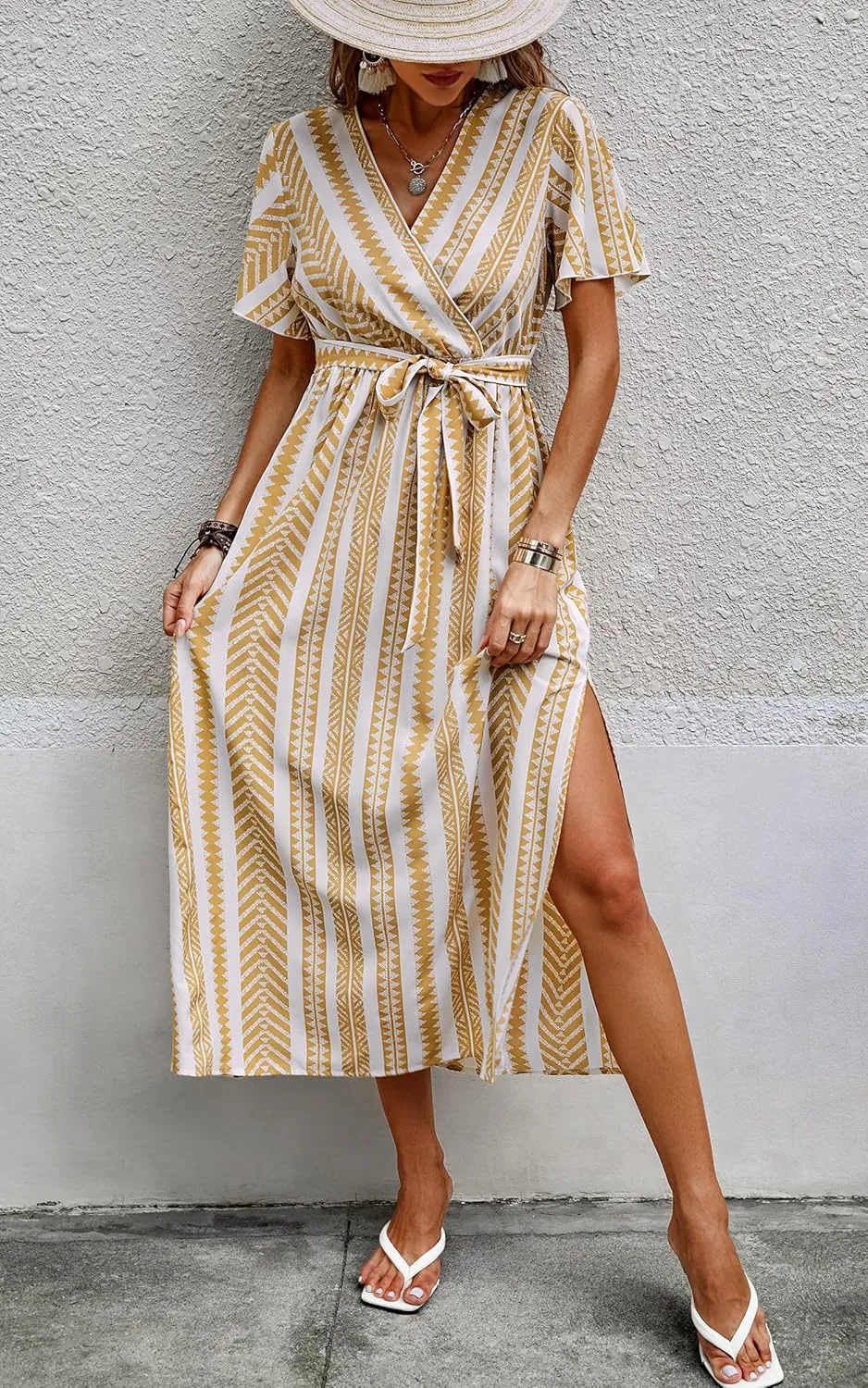 CCTOO Women's Summer Maxi Dress Casual Boho Floral Wrap V Neck Short Sleeve Ruffle Split Flowy Long Beach Dresses with Belt
