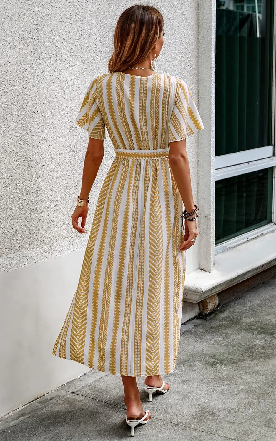 CCTOO Women's Summer Maxi Dress Casual Boho Floral Wrap V Neck Short Sleeve Ruffle Split Flowy Long Beach Dresses with Belt