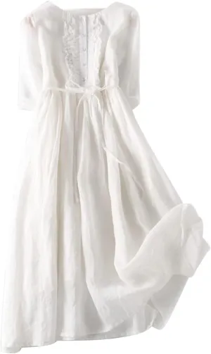 Ceboyel Women Bohemian Cotton Linen Dresses 3/4 Sleeve Maxi Long Dress Plain Classic Dresses Trendy Boho Dresses with Belt
