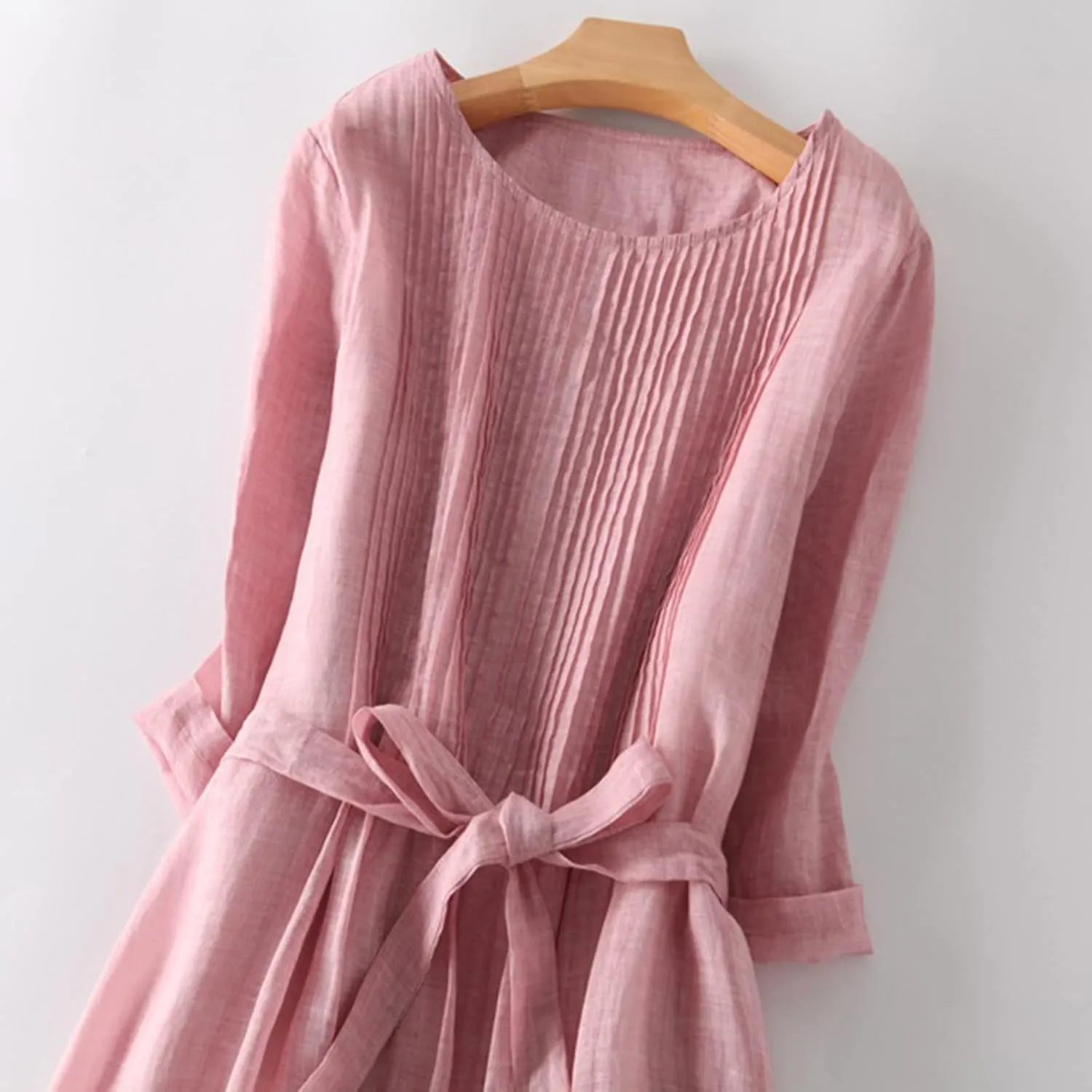 Ceboyel Women Bohemian Cotton Linen Dresses 3/4 Sleeve Maxi Long Dress Plain Classic Dresses Trendy Boho Dresses with Belt