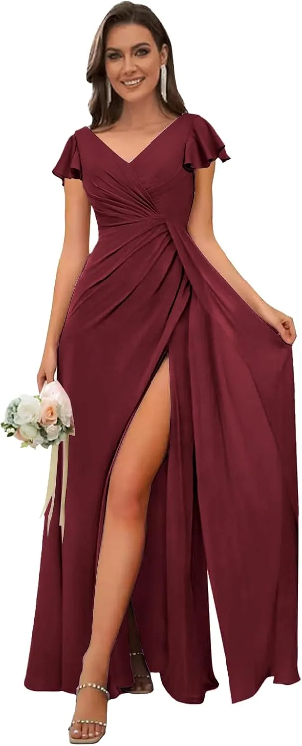 Chiffon Bridesmaid Dresses for Wedding Ruffle Sleeves Long A Line Ruched Formal Evening Gowns with Slit