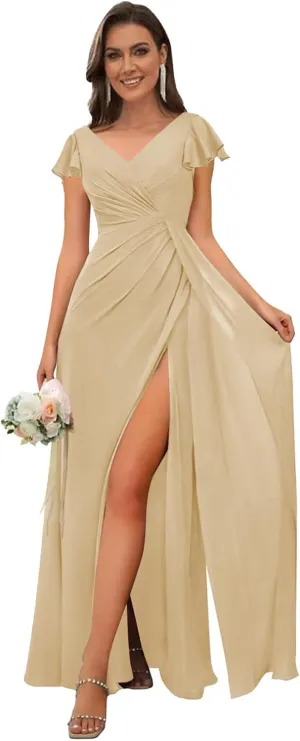 Chiffon Bridesmaid Dresses for Wedding Ruffle Sleeves Long A Line Ruched Formal Evening Gowns with Slit