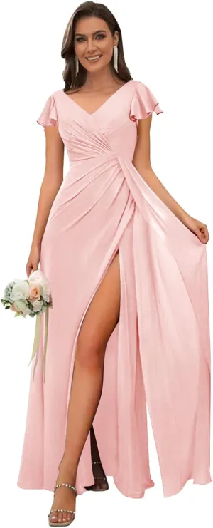 Chiffon Bridesmaid Dresses for Wedding Ruffle Sleeves Long A Line Ruched Formal Evening Gowns with Slit