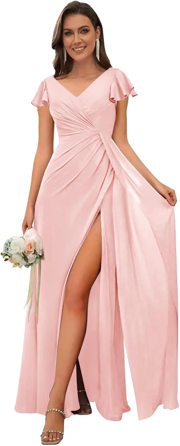 Chiffon Bridesmaid Dresses for Wedding Ruffle Sleeves Long A Line Ruched Formal Evening Gowns with Slit