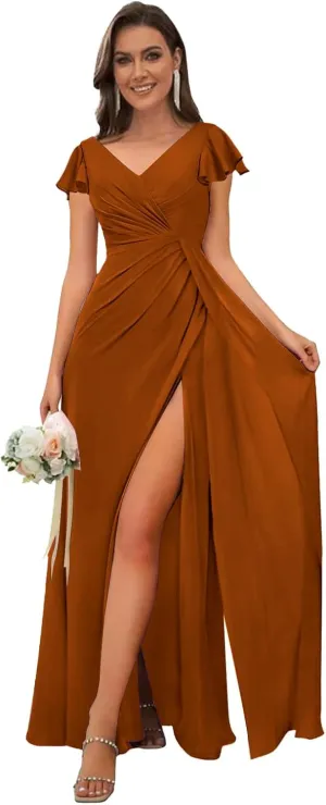 Chiffon Bridesmaid Dresses for Wedding Ruffle Sleeves Long A Line Ruched Formal Evening Gowns with Slit