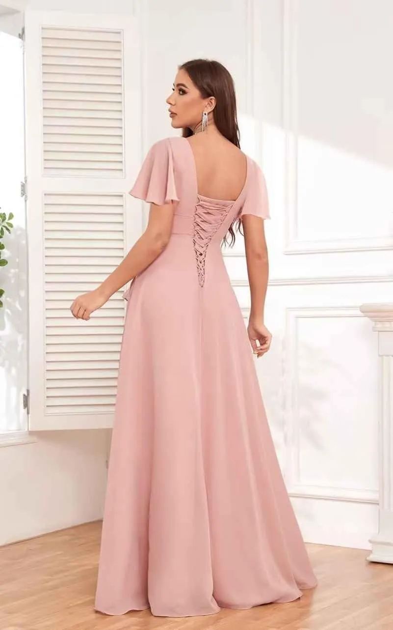 Chiffon Bridesmaid Dresses for Wedding Ruffle Sleeves Long A Line Ruched Formal Evening Gowns with Slit