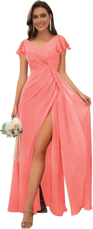 Chiffon Bridesmaid Dresses for Wedding Ruffle Sleeves Long A Line Ruched Formal Evening Gowns with Slit