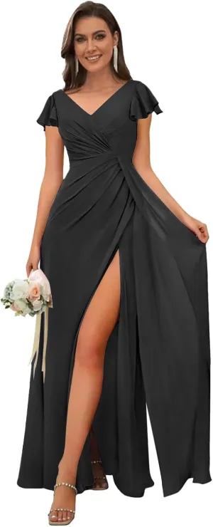 Chiffon Bridesmaid Dresses for Wedding Ruffle Sleeves Long A Line Ruched Formal Evening Gowns with Slit