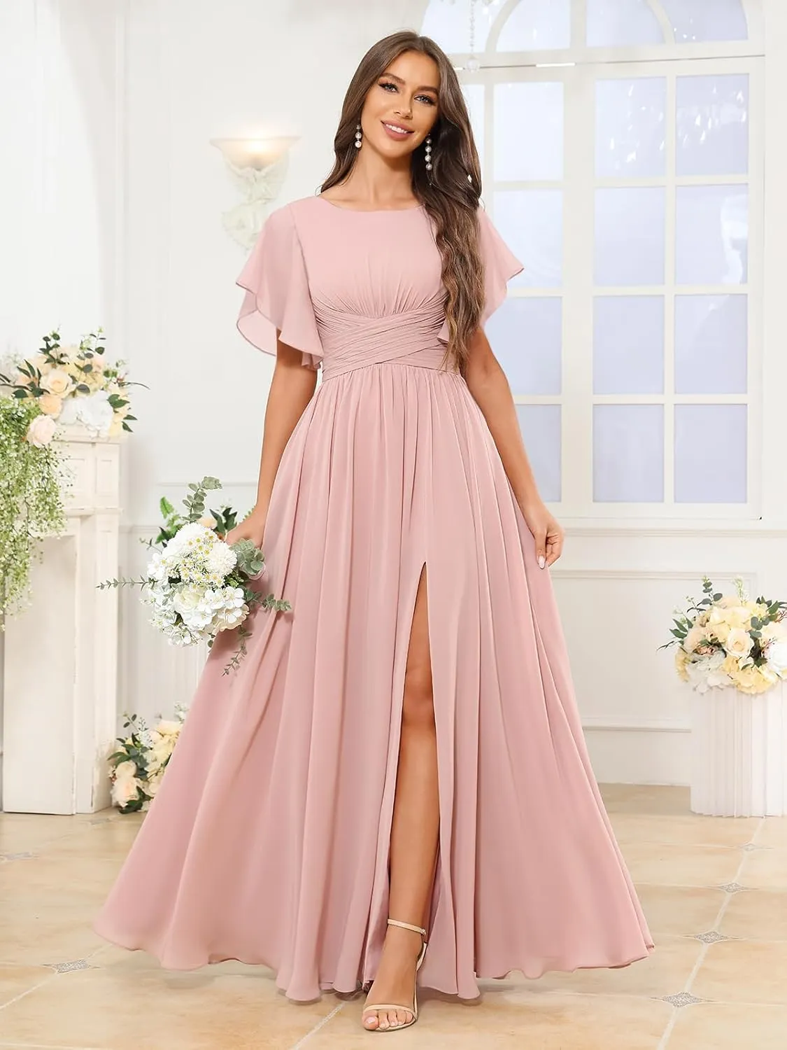 Chiffon Bridesmaid Dresses Formal Dress for Women 2025 Scoop Neck Pleats A Line Wedding Guest Dresses with Split