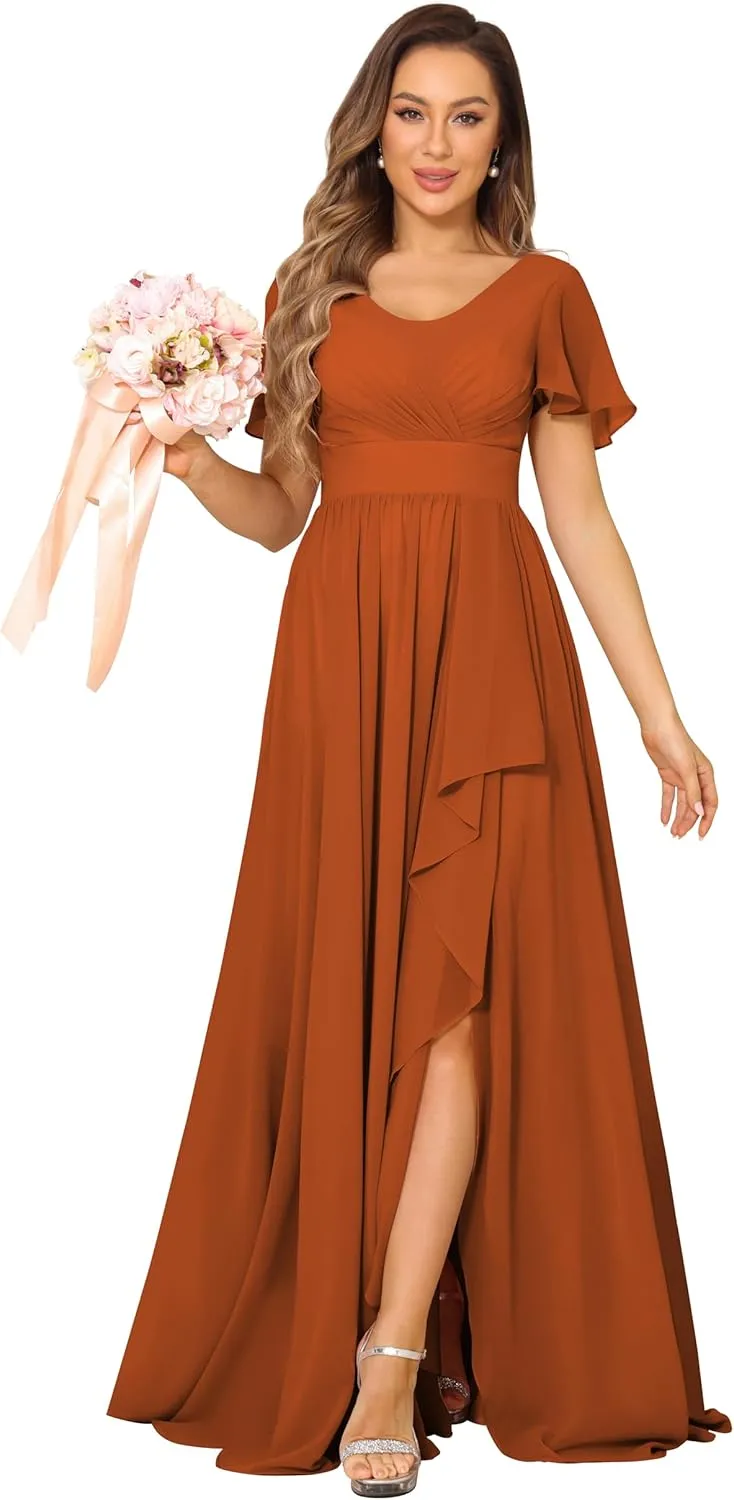 Chiffon Bridesmaid Dresses Formal Dress for Women 2025 Scoop Neck Pleats A Line Wedding Guest Dresses with Split