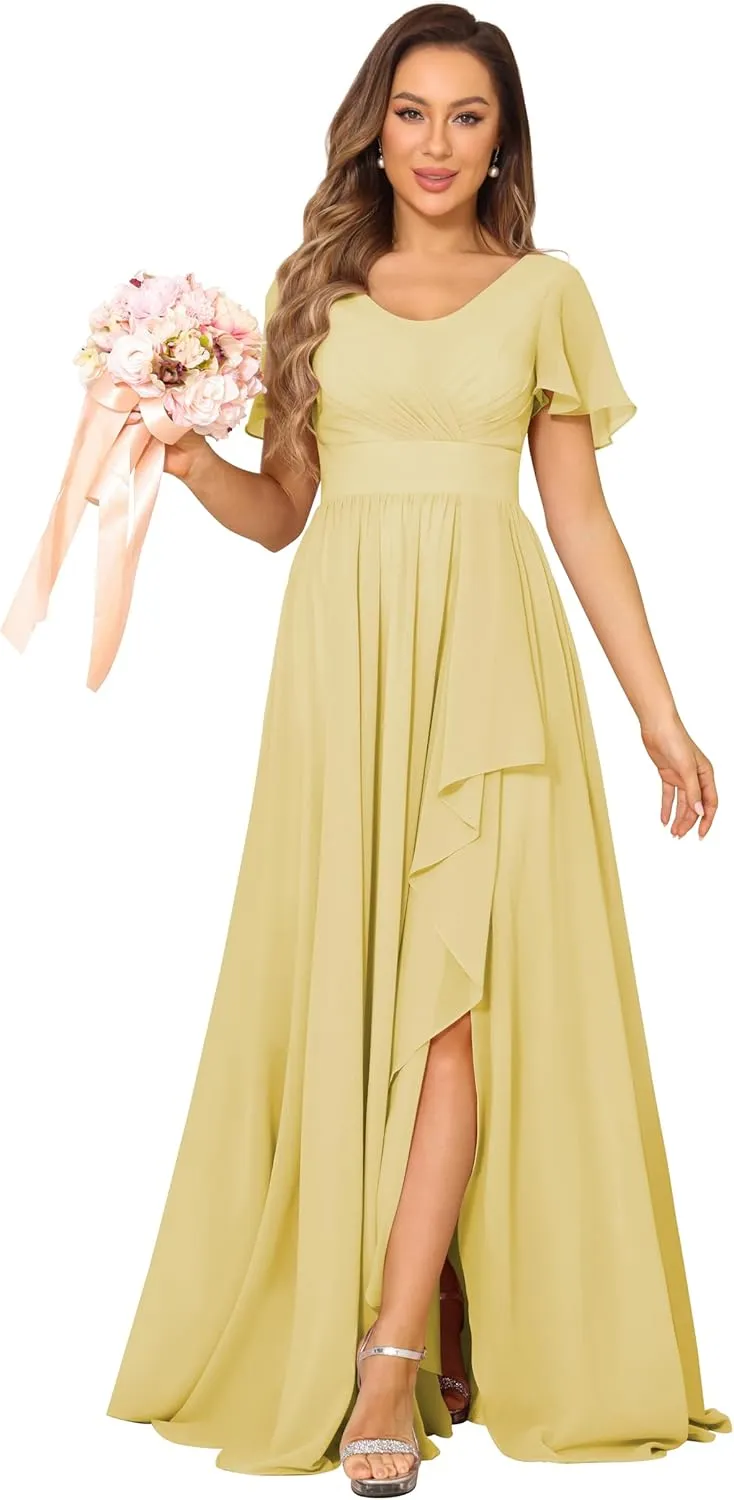 Chiffon Bridesmaid Dresses Formal Dress for Women 2025 Scoop Neck Pleats A Line Wedding Guest Dresses with Split