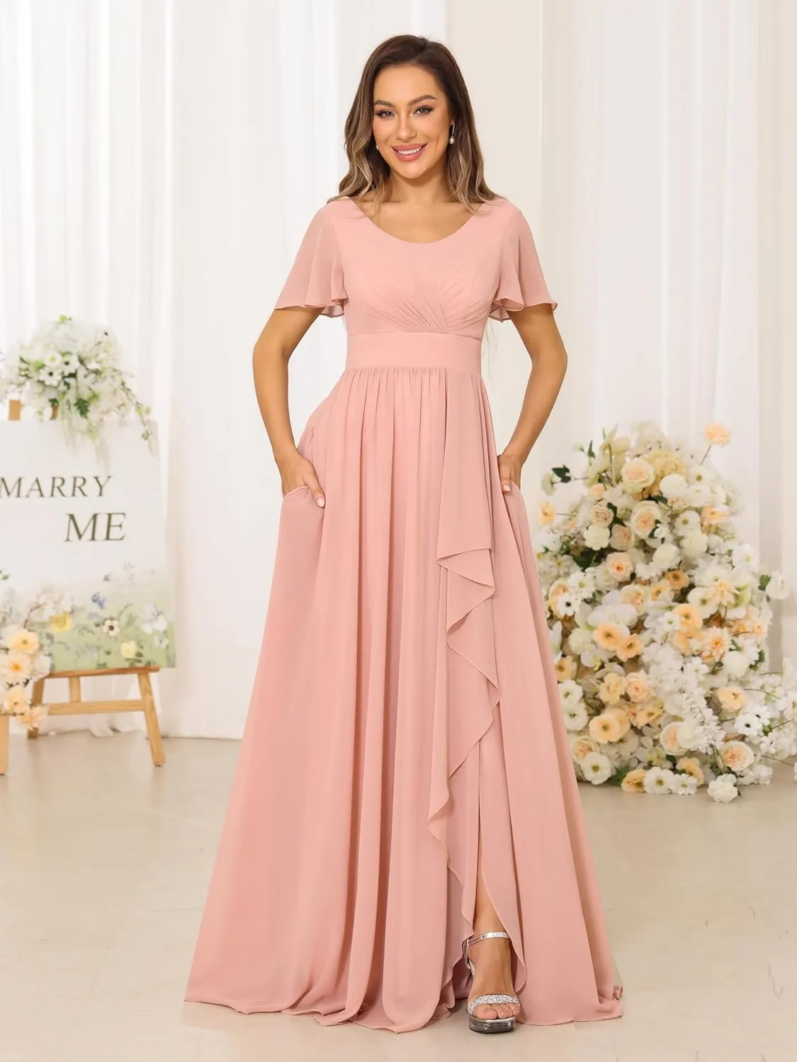 Chiffon Bridesmaid Dresses Formal Dress for Women 2025 Scoop Neck Pleats A Line Wedding Guest Dresses with Split