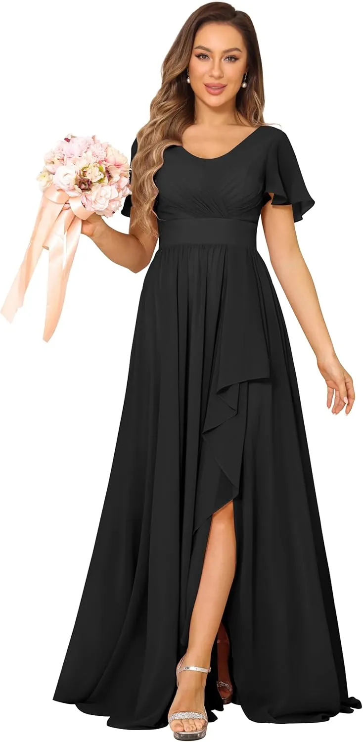 Chiffon Bridesmaid Dresses Formal Dress for Women 2025 Scoop Neck Pleats A Line Wedding Guest Dresses with Split