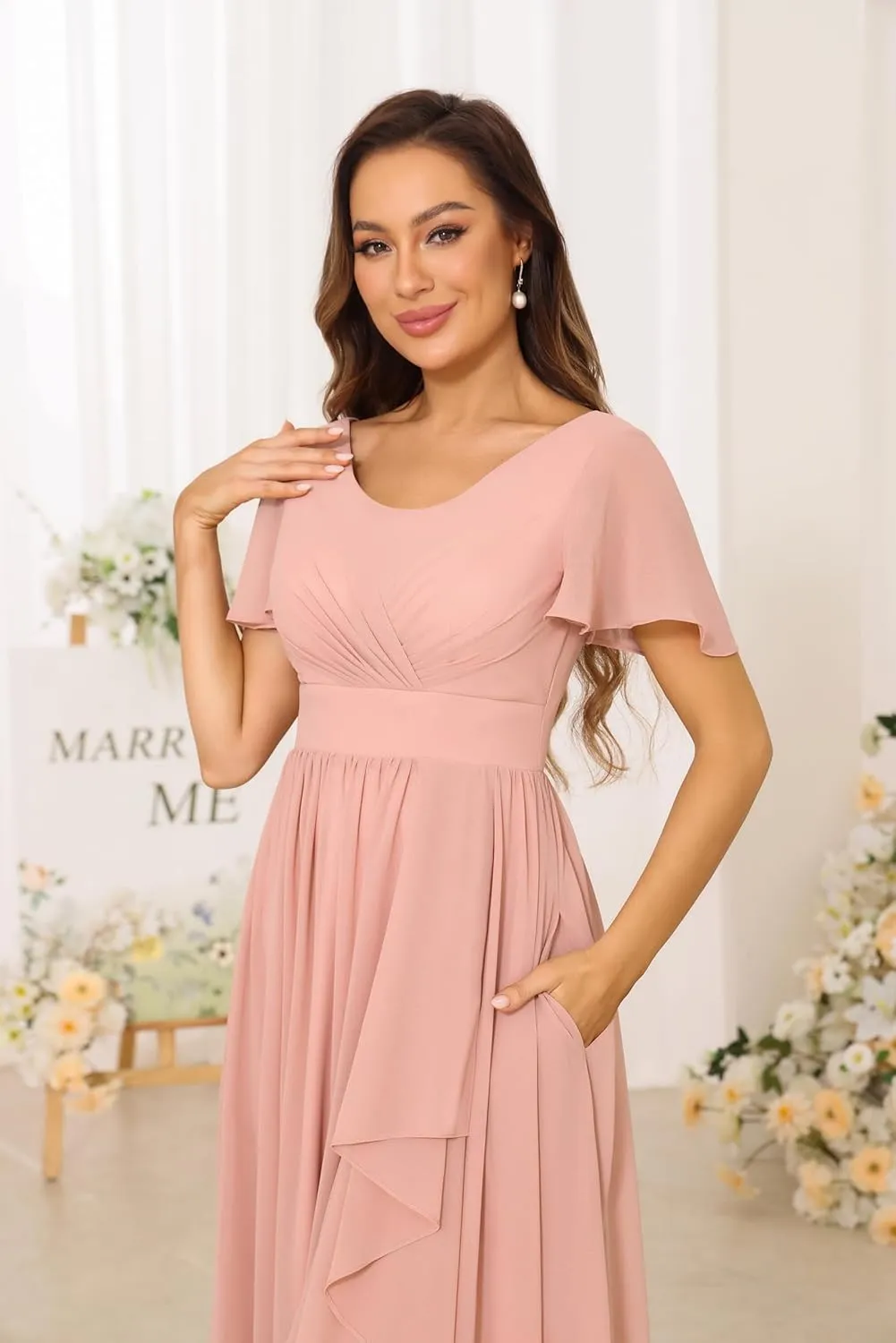 Chiffon Bridesmaid Dresses Formal Dress for Women 2025 Scoop Neck Pleats A Line Wedding Guest Dresses with Split
