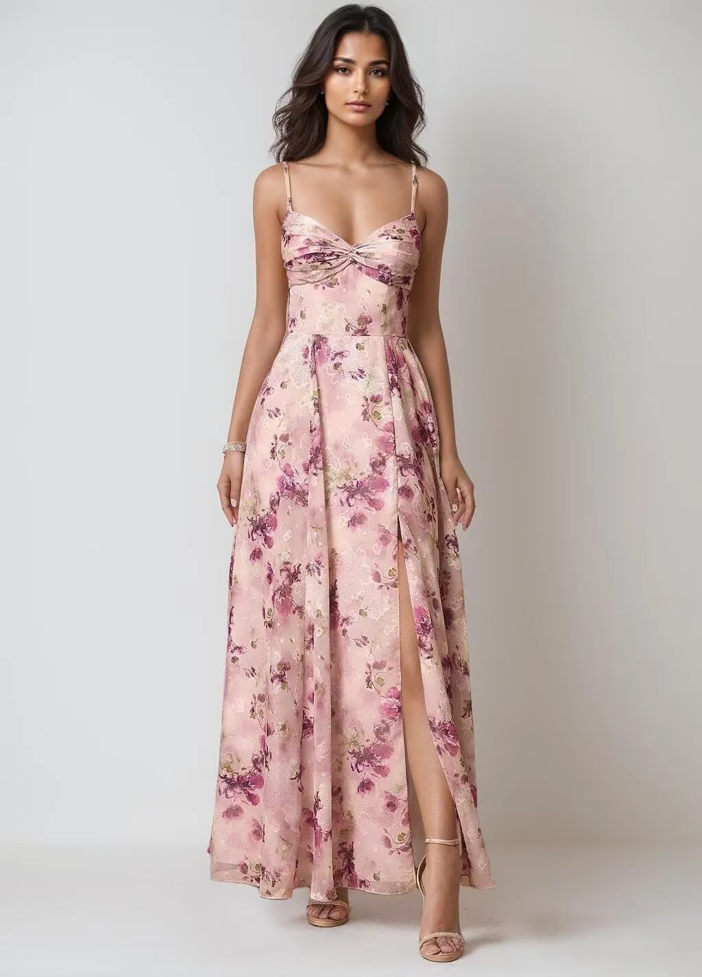 Chiffon Floral Prom Dress for Women Long Bridesmaid Dresses Leg Slit Wedding Guest Formal Gown