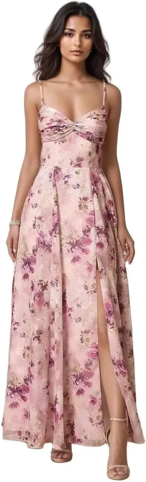 Chiffon Floral Prom Dress for Women Long Bridesmaid Dresses Leg Slit Wedding Guest Formal Gown