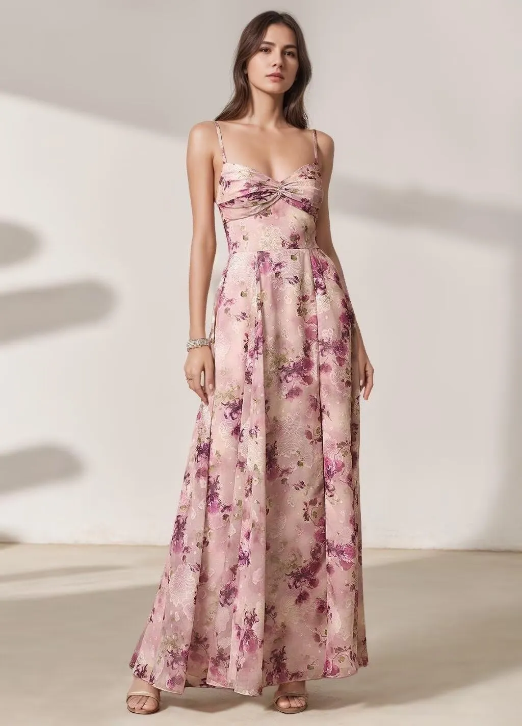Chiffon Floral Prom Dress for Women Long Bridesmaid Dresses Leg Slit Wedding Guest Formal Gown