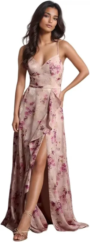 Chiffon Floral Prom Dress for Women Long Bridesmaid Dresses Leg Slit Wedding Guest Formal Gown