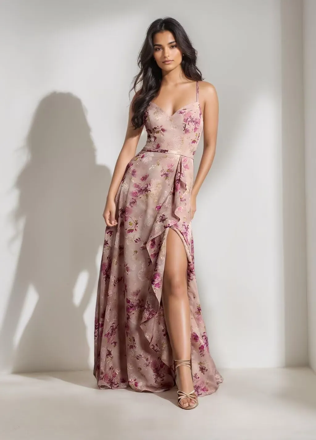 Chiffon Floral Prom Dress for Women Long Bridesmaid Dresses Leg Slit Wedding Guest Formal Gown