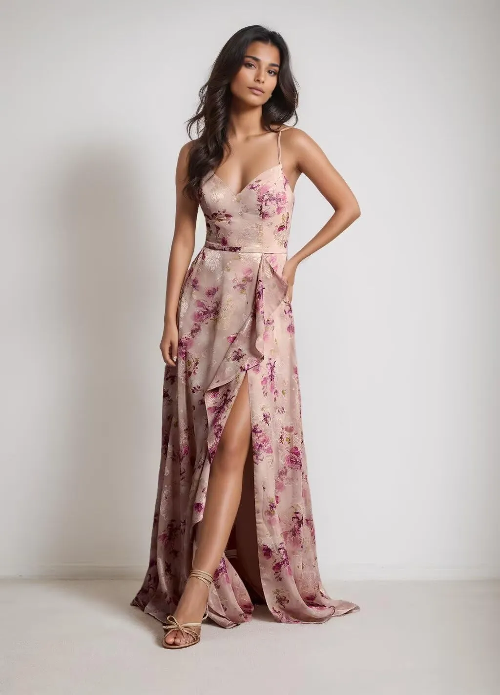 Chiffon Floral Prom Dress for Women Long Bridesmaid Dresses Leg Slit Wedding Guest Formal Gown