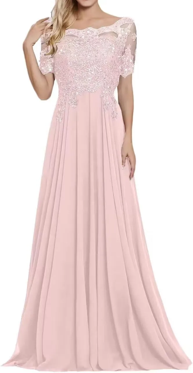 Chiffon Mother of The Bride Dresses for Wedding Lace Applique Beaded Prom Dresses 2024 Long Evening Gowns Sleeve