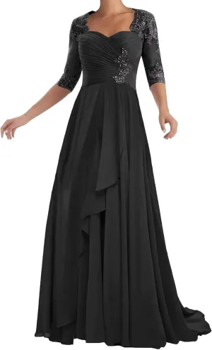 Chiffon Mother of The Bride Dresses with Sleeve Lace Applique A-Line Long Formal Evening Dress for Wedding Guest