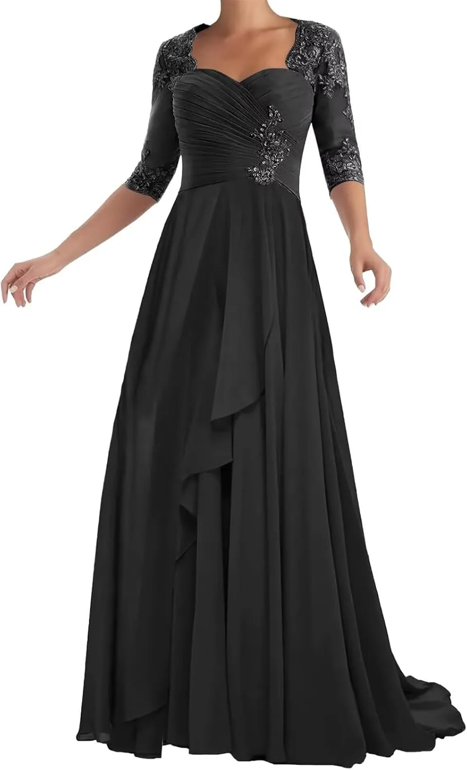 Chiffon Mother of The Bride Dresses with Sleeve Lace Applique A-Line Long Formal Evening Dress for Wedding Guest