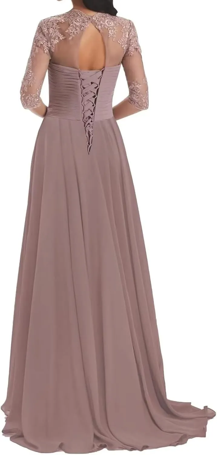 Chiffon Mother of The Bride Dresses with Sleeve Lace Applique A-Line Long Formal Evening Dress for Wedding Guest
